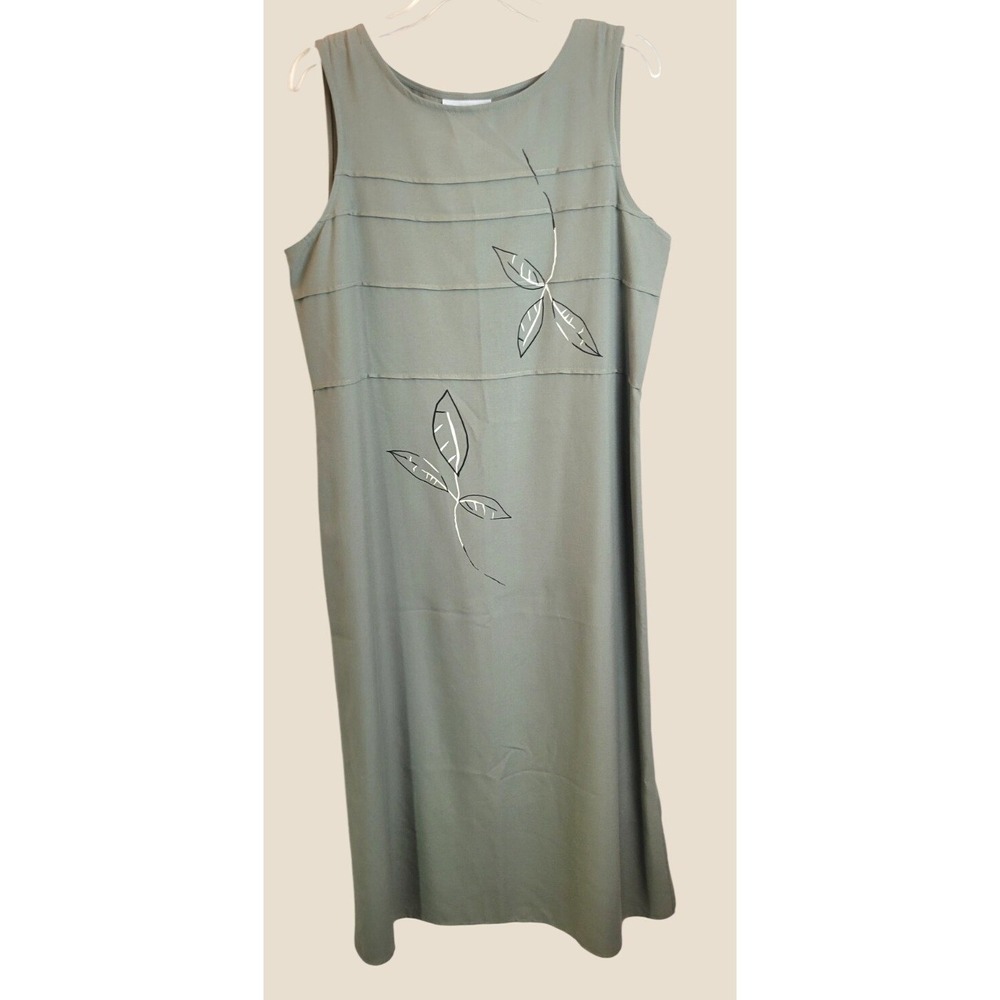 VTG Leslie Belle Midi Dress 90s Minimalist Leaf Embroidered Sage Green 16